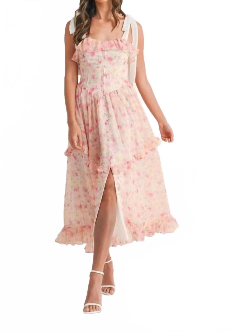 NEW MABLE floral printed shoulder strap midi dress in pink